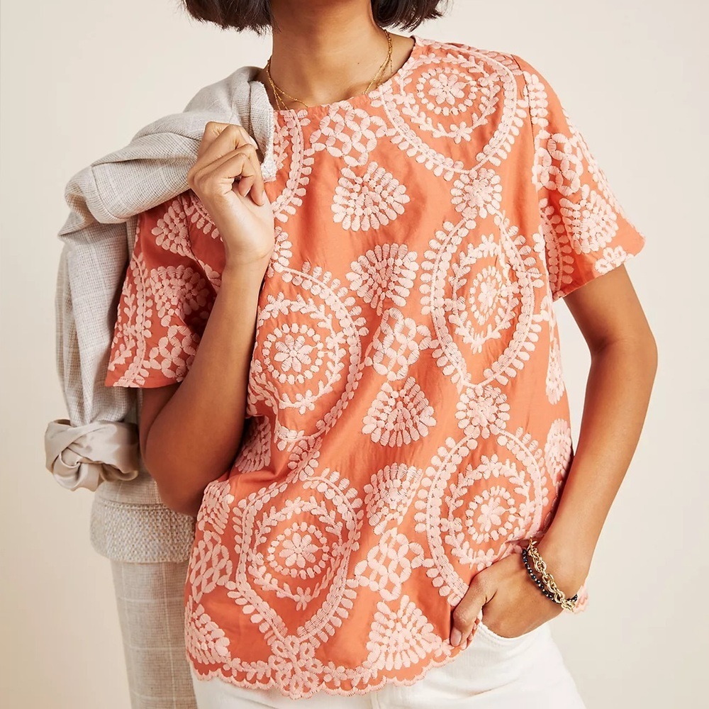 Anthropologie eri + Ali Coralie Embroidered Floral Lace Coral Cotton Boho Blouse
